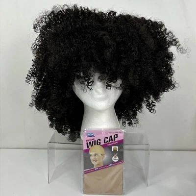 Hair Afro Kinky Curly Wig Cap Bangs Lace Adjustable Strap Black Costume Cosplay - Image 1 of 4