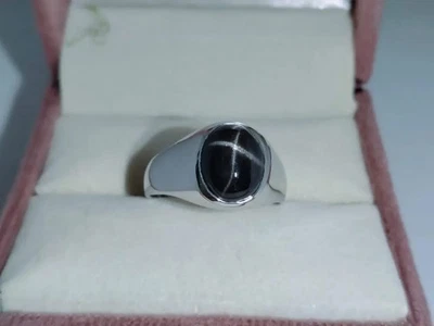 Anillo de zafiro estrella Lindy negro vintage de 4 rayos, joyería de sello de ley 925 para hombre Foto 1 de 4