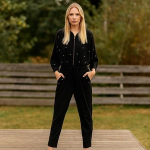 Vintage Large Bloomingdale’s Made in USA Cotton Black Zip Up Jumpsuit Gold Studs - Bild 1 von 8