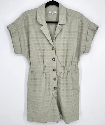 Madewell 女式 S 码泡泡纱露营连身裤绿色纽扣口袋短袖 — 第 1/4 张图片