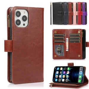 For iPhone 13 12 Pro Max 11 XS XR 8 7 Leather Zipper Card Slot Strap Wallet Case - Picture 1 of 18