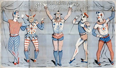 Póster de circo 1856 - Cinco payasos celebrados caras espeluznantes de miedo arte de pared decoración Foto 1 de 2