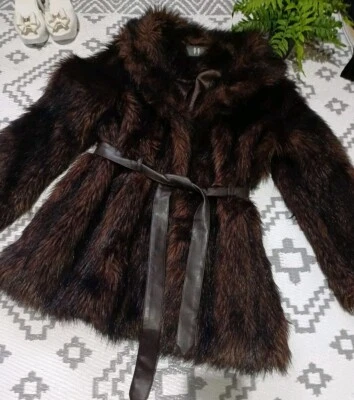 Quality Stunning Fur Belted Mid Lenght Coat Brown  Burgundy Mix  L 12 14 .. 16 ? - Image 1 of 4