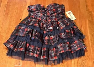Olsenboye Trägerloses Party Kleid Grunge Rüschen Stufen Tartan Karo Neu mit Etikett Blau Rot M - Bild 1 von 13