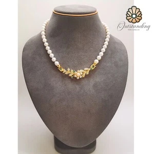 Luxury 7mm Real White Seawater AKoya Pearl Necklace w/ 9ct Gold Emerald Clasp - Picture 1 of 22