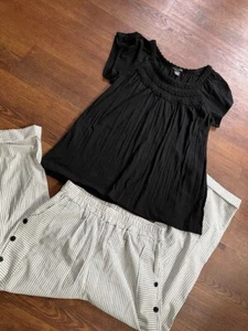 Women's TWO PIECE outfit Size LARGE Black tee and B&W striped ankle pants WOW! - Picture 1 of 8