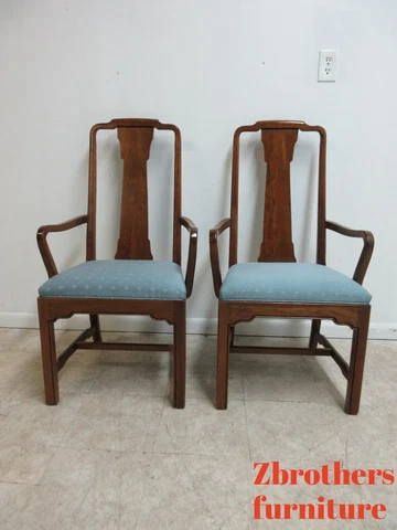 Pair Ethan Allen Canova Campaign Style Dining room Arm Chairs cherry Cover