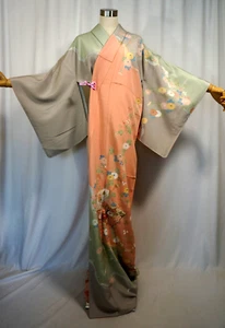 Japanese kimono "HOUMONGI", Plants, Gold leaf/thread,Plants,Pink, L 5' 4"..3273 - Picture 1 of 18