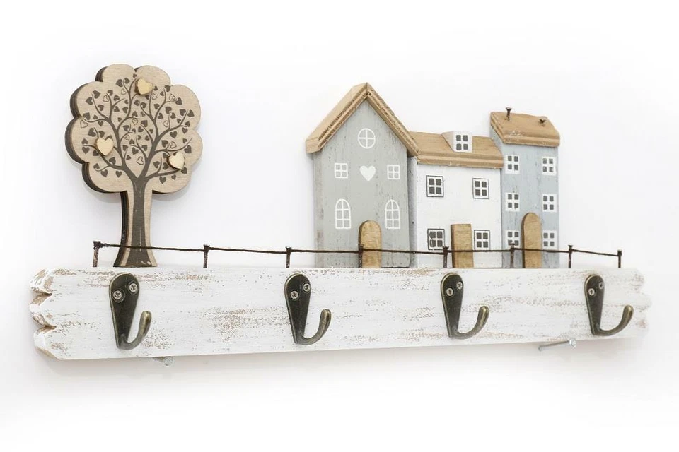 Wooden Houses Design With Hooks Wall Hanging - Image 1 of 1