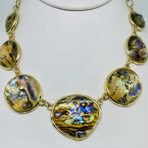 Luxe Opalescent Abalone Shell Bubble Bib Necklace Yellow Gold Tone Ocean Chic - Picture 1 of 16
