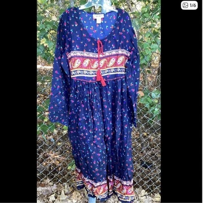 Vestido MIDI Campesino Cachemira Azul y Rojo Boho Instantáneo L EXPRESSIONS Mangas Largas Foto 1 de 4