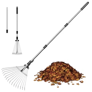 Garden Rake for Leaves, Metal Adjustable Leaf Rake for Lawns, Length 37"-53",... - Picture 1 of 9