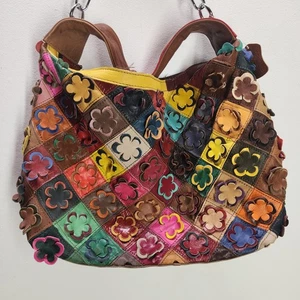 Bolso de mano de cuero genuino colorido floral con retazos para mujer - Imagen 1 de 10