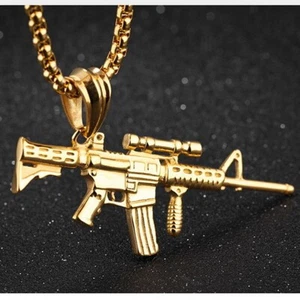 Gold Army AK47 Machine Gun Stainless Steel Pendant Necklace, Second Amendment - Picture 1 of 6