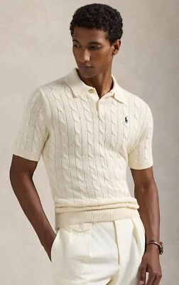 Suéter polo manga curta novo com etiquetas Ralph Lauren algodão creme malha cabo colarinho - Imagem 1 de 4