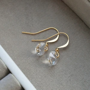 Crystal Round Drop Earrings Gold - Small Clear Disc Dangle Ladies - UK - Picture 1 of 4