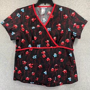 New ListingSb Scrub Top Womens Small Black Floral Print Two Pockets Short Sleeve Mock Wrap