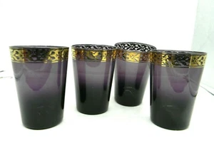 Amethyst Purple Glass Tumbler Set Art Nouveau Gilt Band Blown Glass Lot of 4   - Picture 1 of 5