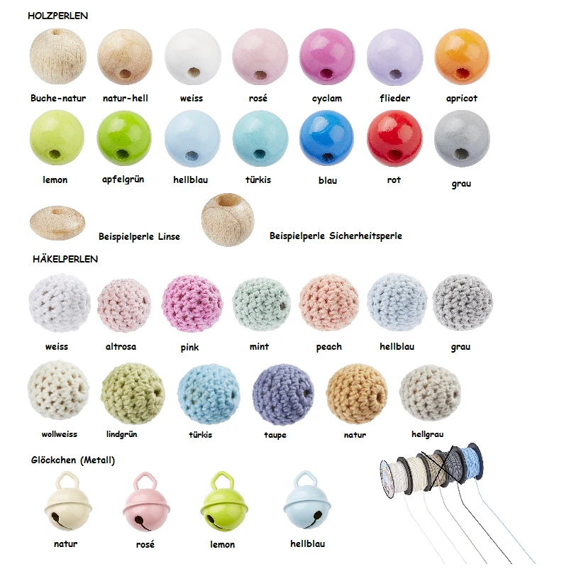 HOBBYFUN Holzperlen, Häkelperlen, Glöckchen für Schnullerketten, Schnullerkettenmaterial