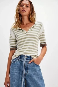 We The Free People Shirt Damen Small S grün weiß T-Shirt Fast Lane Streifen Oberteil 68 $ - Bild 1 von 7