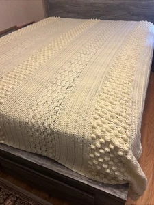 Vintage Hand Crochet Cream Afghan Blanket Throw Long 80”x72” Fits Queen Bed - Picture 1 of 5
