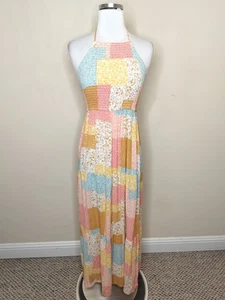 Maxikleid Rosa Rose Patchwork Blumen Größe Small gesmokt Neckholder Prärie Boho - Bild 1 von 10