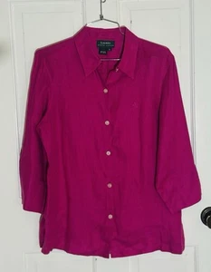 Lauren Ralph Lauren Fuchsia Button-Down Linen Shirt, W’s S, Hot Pink, 3/4 Sleeve - Picture 1 of 12