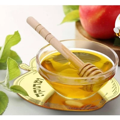 Rosh Hashanah Apple Honey Dish Set Wooden Dipper Gold Apple Decoration - Image 1 of 4
