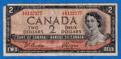 CANADA $2 1954 BC-30b / P-67b  QE II Circulated DEVIL'S FACE 👿   I/B 6122377 - Image 1 of 4