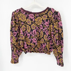 NWT Free People No Ordinary Top Tapestry Crop Blouse Sz XS Purple Tie Puff Slv - Picture 1 of 9