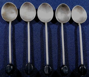 ENGLAND  STERLING ENAMEL Coffee Beans Vintage Demitasse 5 SPOONS Estate - Picture 1 of 3