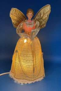 Vintage Lighted Gold Angel Tree Topper Tall 14.5" Gold Lace Beads - Picture 1 of 11