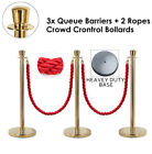 3x Queue Barriers +2 Ropes Crowd Control Bollards Stanchion (GOLD WITH RED ROPE)