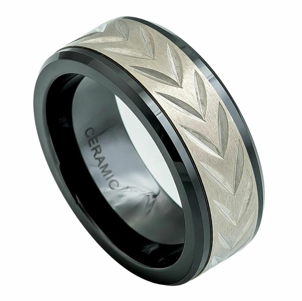 8mm Men's or Ladie's Ceramic Carved Chevron Titanium Inlay Wedding Band Ring - Image 1 of 1