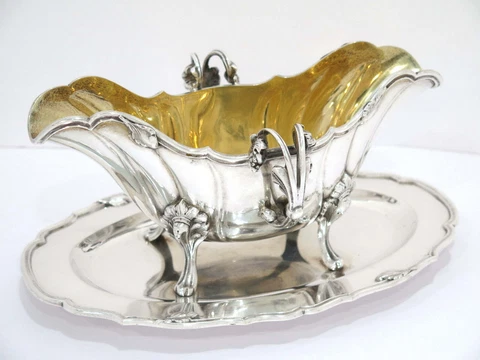 9 5/8 in European Silver Gilt Interior Otto Schneider Antique German Gravy Boat Cover