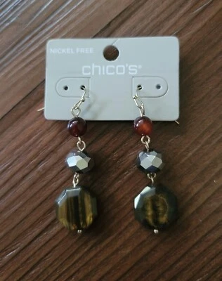NWT CHICO'S WOMEN'S DANGLE DROP EARRINGS  TIGER EYE/ SEMI-PRECIOUS STONE MULTI  - Image 1 of 4