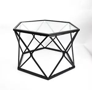 Hexagon Glass Table with Black Metal Frame Centre Coffee Tables for Living Room - Picture 1 of 4