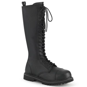 DEMONIA RIOT-20 Men Black Faux Leather Biker Combat Steel Toe Lace Up Knee Boots - Picture 1 of 6