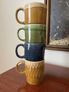 Vtg 4 Japan Stacking Coffee Tea Cups Mugs Mid Century Modern Green Blue Yellow