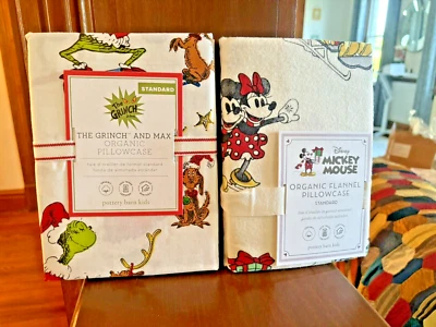 Pottery Barn Grinch Mickey Christmas pillowcase+ Seuss Holiday Disney Kid SET , - Image 1 of 4