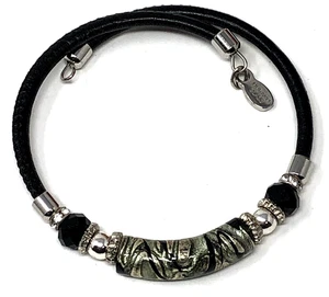 Murano Bracelet Glass Leather Wrap Black - 7 inch to 8 inches - Picture 1 of 7