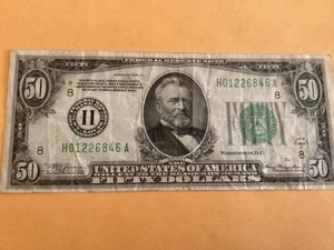 1934 $50 Small Size Federal Reserve Note Light Green Seal - Very Good - Picture 1 of 13