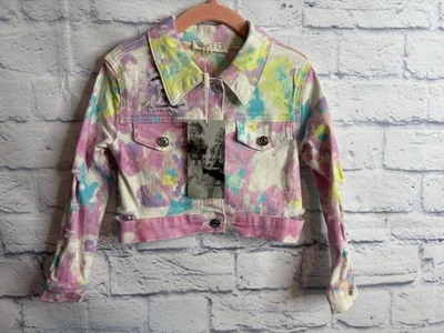 Hannah Banana Girls Pink Flower Tye Dye Jean Jacket Size 4 New Distressed Beads - Image 1 of 4