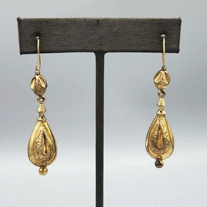 Victorian Gold Filled Day Night Etruscan Torpedo Drop Dangle Wire Earrings 3.6g - Picture 1 of 12