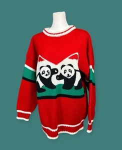 VTG PANDA BEAR WITH US 1988 KNIT SWEATER POP ART SHAG CARPET PATCH NEW WAVE MOD - Picture 1 of 24