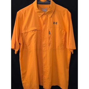 Under Armour Mens Orange HeatGear Fishing Button Up Short Sleeve Shirt Large - Picture 1 of 9
