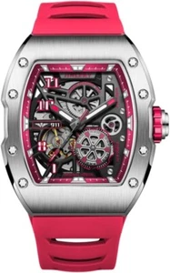 JINLERY Red Automatic Self-Wind Men Wrist Watch Steel Silicone Sapphire Crystal - Picture 1 of 9