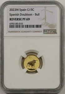 2023M Spain Gold 15 Euro Cent NGC Reverse PF 69 Spanish Doubloon - Bull 1/10 oz - Picture 1 of 4