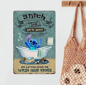 Disney Stitch Bathroom Wall Decor Lilo & Stitch Wash Hands Aluminum Steel Sign - Picture 1 of 10