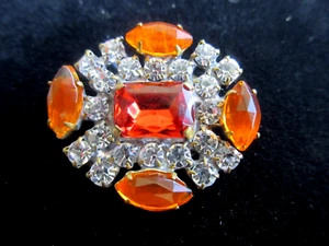 Magnificent Czech Vintage Style Glass Rhinestone Button Crystal & Orange - Picture 1 of 3